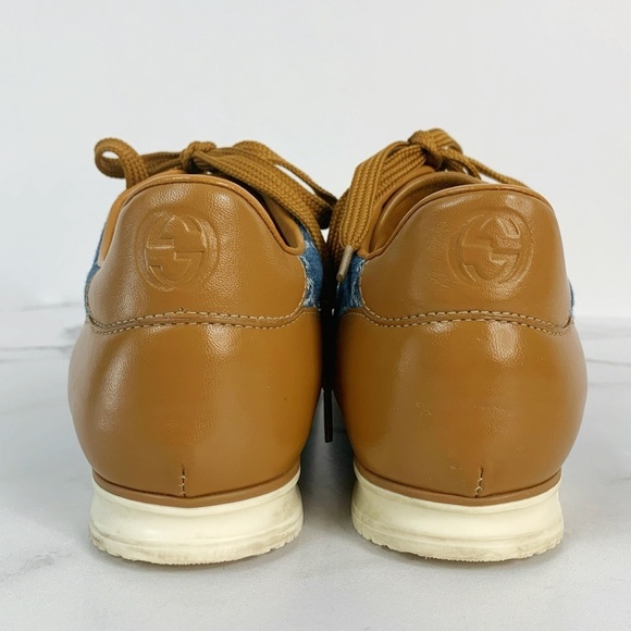 GUCCI GG Denim Monogram Cognac Calfskin Leather Sneakers 38.5 - Picture 8 of 15
